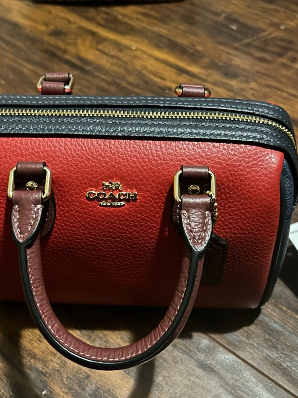 Coach ROWAN Red and Black Pebbled Leather Mini Satchel with Gold Hardware